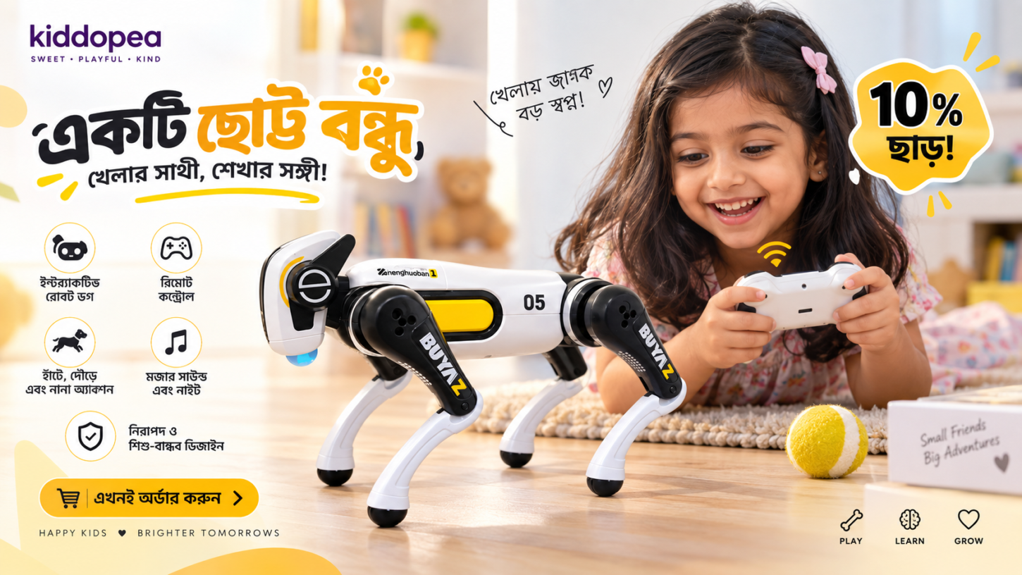 A Kiddopea banner: a girl with a handset watches a white and yellow robot dog walk towards a tennis ball, over Bengali type reading “a little friend” and a 10% off badge.